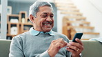 Senior man, phone and texting on sofa with laughing, reading or funny article on website in living room. Elderly person, smartphone and happy with scroll, search and mobile network with app on couch