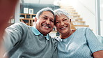 Senior couple, face and selfie on sofa with smile for memory with love, care and bonding in house. Old man, elderly woman and happy with profile picture, photography and retirement with laugh in home