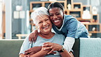 Happy woman, nurse and hug with patient for healthcare, support or trust at retirement home. Portrait of senior and doctor with smile for love or elderly care together on living room sofa at house