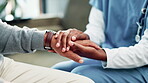 Person, nurse and holding hands for consultation support or diagnosis results with healthcare, insurance or comfort. Patient, caregiver and advice kindness in clinic or medical worry, empathy or help