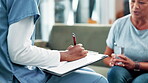 Nurse, elderly woman and paperwork for medical consultation at home for diagnosis, checklist or prescription. Female person, healthcare worker and clipboard in clinic for results, insurance or care