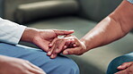 Patient, nurse and holding hands for medical support or diagnosis results with healthcare, insurance or comfort. Person, caregiver and advice kindness in clinic or consultation worry, empathy or fear