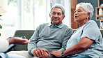 Senior couple, nurse and consulting with tablet on sofa at home for healthcare, advice or retirement plan. Elderly man and woman talking to medical caregiver with technology for counseling at house