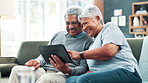 Tablet, couch and senior couple with meme, social media and laughing with bonding and care. Retirement, home and streaming on a website or internet in a living room with tech and watching a video