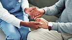 Patient, nurse and holding hands for consultation support or diagnosis results with healthcare, insurance or comfort. Person, caregiver and advice kindness in clinic or medical worry, empathy or care