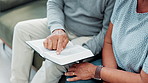 Hands, couple and reading with bible for religion, study and point for knowledge, faith or worship on sofa. People, book and learning for wisdom, gratitude and spiritual growth for connection to God