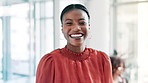 Black woman, face and laughing with smile at office in confidence for career, job or positive attitude. Portrait of happy African female person or friendly business employee in happiness at workplace