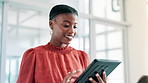 Black woman, typing and browsing with tablet at office for communication, research or networking. Face of African female person or employee scrolling on technology for online search at the workplace