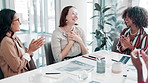 Women, applause and meeting at startup in office with congratulations, goal or support at company. Business people, diversity and success with cheers, happy or clapping hands at creative media agency