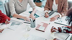 Business people, hands and team with documents in meeting for planning, finance or budget at office. Closeup of employee group working with paperwork for financial expenses or brainstorming on desk