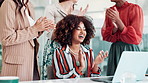 Happy, business people and applause with team on laptop for winning, promotion or congratulations at office. Female person or group of excited employees clapping for success, achievement or good news