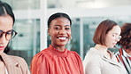 Happy woman, team and business with row in meeting for career opportunity or ambition at office. Portrait of African female person, intern or employee with smile in waiting room for job or hiring
