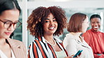 Black woman, team and typing with phone in row or meeting for communication or networking at office. Portrait of African female person or employee with smile on mobile smartphone for online chatting