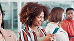 Black woman, meeting and typing with phone for communication, networking or social media at the office. Face of African female person or employee smile smile on mobile smartphone for online chatting
