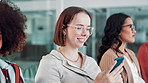 Happy woman, team and typing with phone in meeting or row for communication or networking at office. Face of female person or business employee with smile on mobile smartphone for online chatting app