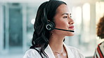 Call center, customer service and woman in office talking for consulting, help and CRM support. Telemarketing, networking and business person with headset for contact, connection and communication