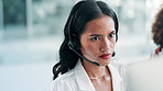 Call center, customer support and woman on computer talking for consulting, help and CRM service. Telemarketing, networking and business person with headset for contact, connection and communication