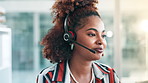 Call center, customer support and black woman in office talking for consulting, help and CRM service. Telemarketing, network and business person with headset for contact, connection and communication