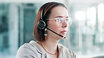 Customer support, call center and woman in office for communication, help and CRM service. Telemarketing, networking and business person with headset for contact, connection and online consulting