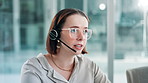 Call center, customer support and woman on computer talking for consulting, help and CRM service. Telemarketing, networking and business person with headset for contact, connection and communication