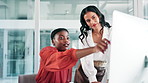 Computer, training or business women speaking of project feedback review or research online. Woman learning, manager coaching or worker talking for collaboration, teamwork or consulting to help on pc