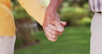 People, holding hands and support outdoor or closeup for grief compassion in park for commitment, comfort or love. Couple, fingers and together in backyard garden for solidarity, caring or friendship