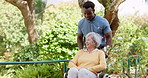 Nurse, wheelchair and garden with elderly woman, person with a disability and rehabilitation with help. Recovery, old lady and pensioner with caregiver and support with sunshine, fresh air or healing