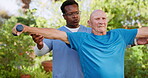 Senior care, weightlifting for exercise and physio, old man and caregiver in garden with rehabilitation and healing. Breathing, trust and muscle training for physical therapy outdoor at nursing home