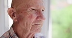 Old man, window and memory on retirement in nursing home, thinking and calm for perspective on future. Elderly person, relax or morning in bedroom with view, mindfulness or remember with reflection