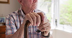 Old man, relax and thinking on cane in nursing home, memory and support for arthritis for healthcare. Elderly patient, calm or bedroom with walking stick for gout or help for person with disability