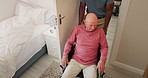 Man, physiotherapist and elderly care with wheelchair in healthcare assistance, trust or support at old age home. Nurse or practitioner helping person with a disability out of bedroom at the house