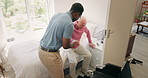 Man, physiotherapist and elderly care with wheelchair in support, trust or healthcare assistance at old age home. Nurse or practitioner helping person with a disability out of bed at retirement house