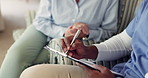 Person, hands and nurse writing with patient on clipboard for prescription, results or medical application at home. Closeup of doctor or practitioner filling in healthcare form, document or paperwork