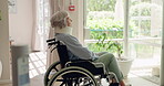 Senior, woman and neck brace in wheelchair for injury with thinking, reflection on accident and relax by window. Elderly, patient and thoughtful in hospital for rehabilitation, healthcare or healing 