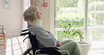 Senior woman, wheelchair and thinking at window in morning sunshine in neck brace for recovery. Elderly lady, injury and person with disability at clinic, hospital or nursing home for rehabilitation