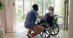 Old woman, wheelchair and window or nurse support as retirement illness or person with disability, cough or comfort. Man, volunteer and empathy in clinic or neck injury, rehabilitation or healthcare