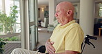 Elderly, man and cough in wheelchair or disease pain in clinic or consultation support, diagnosis or lungs. Male person with a disability, mobility aid and window view in hospital, retirement or care