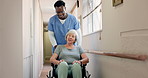 Push, nurse or old woman in wheelchair in hospital for healthcare service, help or support in clinic. Talk, elderly person or patient with a disability or senior care for rehabilitation or wellness