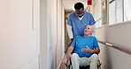 Push, nurse talking or old man in wheelchair in hospital for healthcare help, results or support in clinic. Injury, elderly or patient with a disability or senior care for rehabilitation or advice