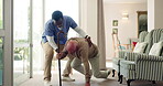 Senior man, fall and nurse helping on floor for accident, home support and balance on sofa or living room. Medical professional or caregiver running to an assist elderly patient with walking stick