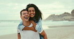 Piggyback, happy and couple at beach on holiday, vacation or travel for romantic date together. Love, smile and young man and woman hugging and having fun by ocean or sea on weekend trip in Mexico.