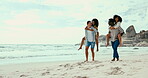 Piggyback, summer and friends walking on beach together for travel, holiday or vacation at tropical coast. Happy, smile or race and group of young men and women bonding by ocean or sea for getaway