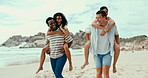 Smile, summer and friends piggyback on beach together for travel, holiday or vacation at tropical coast. Happy, funny or love and group of young men and women bonding by ocean for island getaway