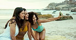 Women, selfie or friends hug on beach for a fun holiday vacation for a trip or memory together. Smile, laughing or group of happy people in profile picture for wellness, support or photo with love