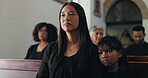 Church, death and child with mother in funeral or sad memorial service at event for respect, support or grief. Kid, mom or family member with girl, memory and goodbye at Chapel for spiritual farewell