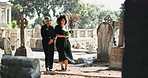 Mother, graveyard or woman by tombstone for funeral, death ceremony or memorial service for farewell. Pain, sad people or bouquet flowers by gravestone for mourning, burial or loss in public cemetery