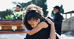 Child, hug or mother in graveyard for funeral. healing or burial for respect, farewell or death with coffin. Girl, depressed or sad kid in cemetery for grief, loss or mourning with mom for support 