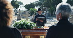Priest, bible and reading with coffin at cemetery for praying, Christianity or faith in ceremony of loss. Pastor or prayer in memorial at funeral, graveyard or burial for god, worship or forgiveness