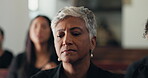 Woman, church or grief at funeral, service or sermon as spiritual guidance at memorial in sanctuary. Sad, female person or mourning to hear, comfort and salvation as christian, gospel or holy spirit