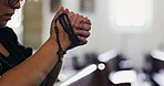 Woman, hands and prayer beads for church religion for hope or Christian worship for grief, memorial or gratitude. Female person, rosary and bench pew for chapel support for holy God, service or faith